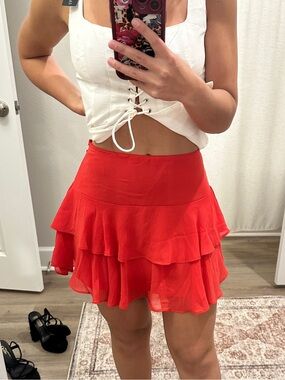 Bright Red Tiered Ruffle Skirt